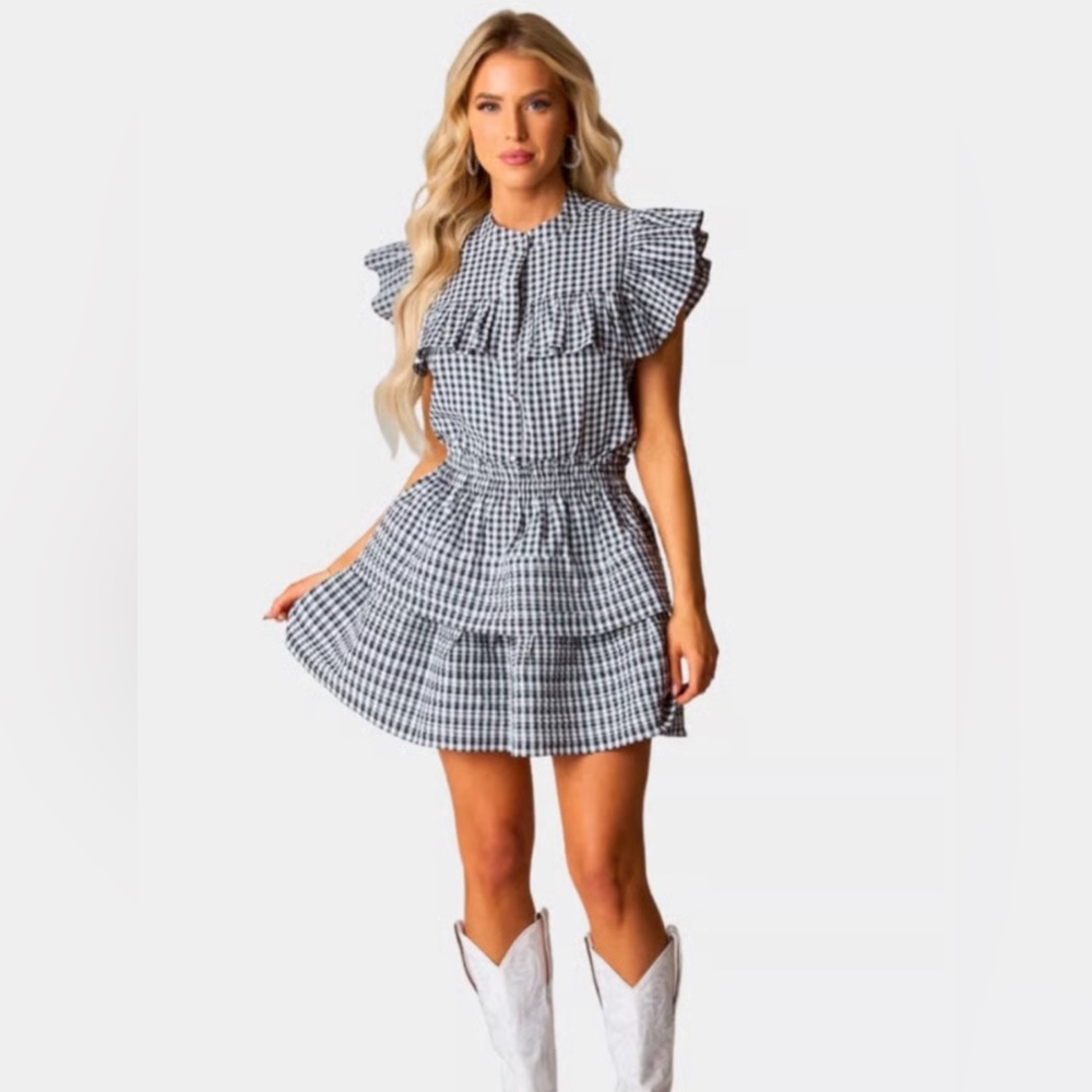 EUC Buddy Love Gingham Ruffle Top and Romper Ruffle Skirt - Black and White